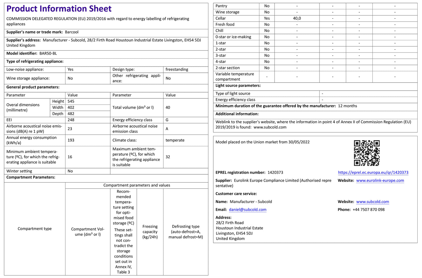 Barcool Bar50 LED - Mini Bar Fridge