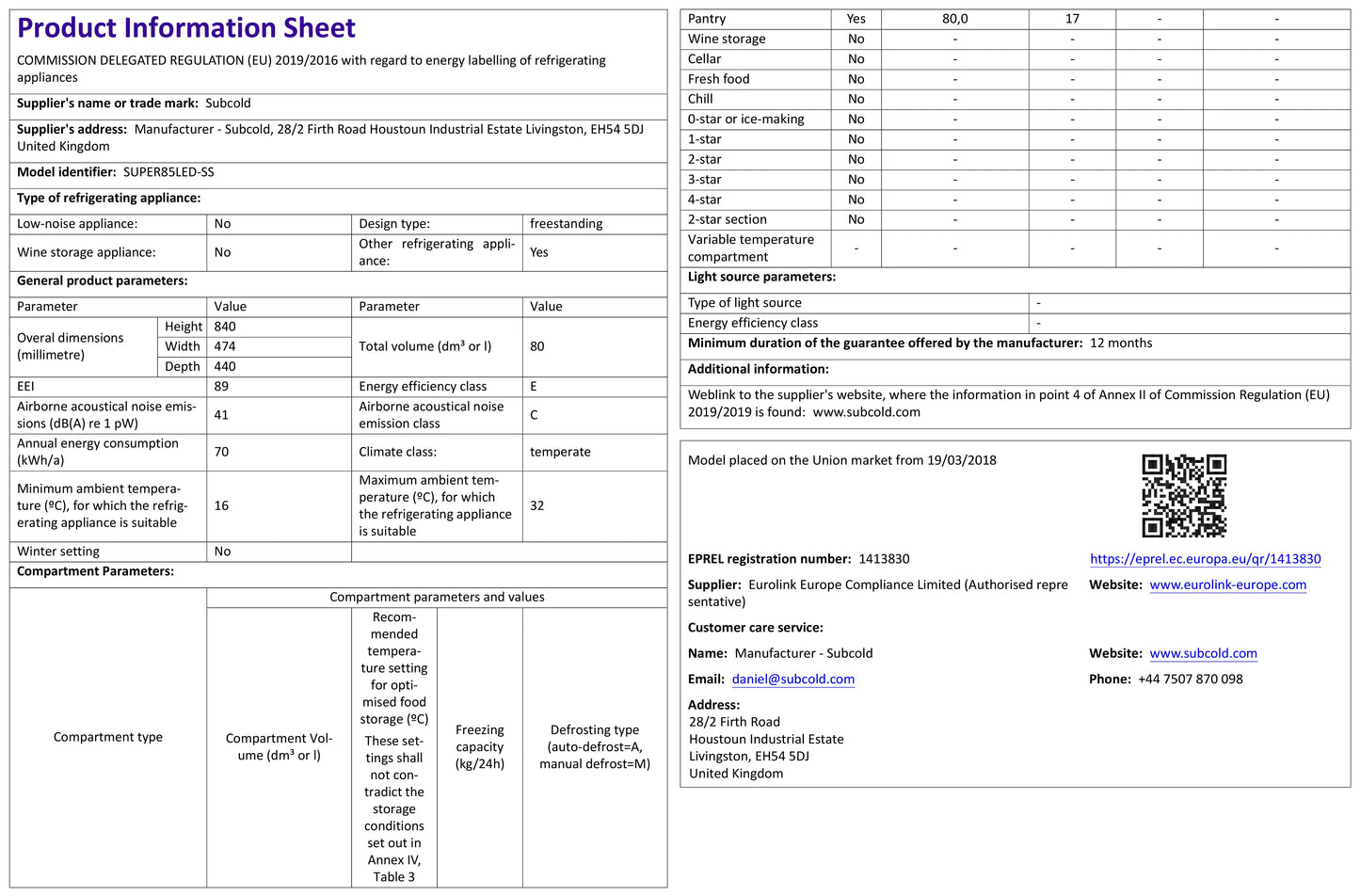 Subcold Super 85 LED Beer Fridge - Stainless Steel