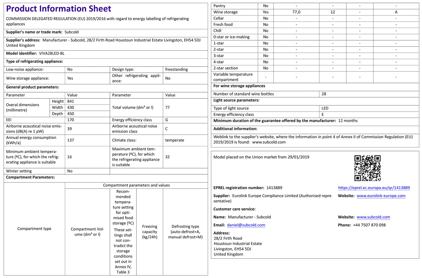 Subcold Viva28 LED - Wine Cooler