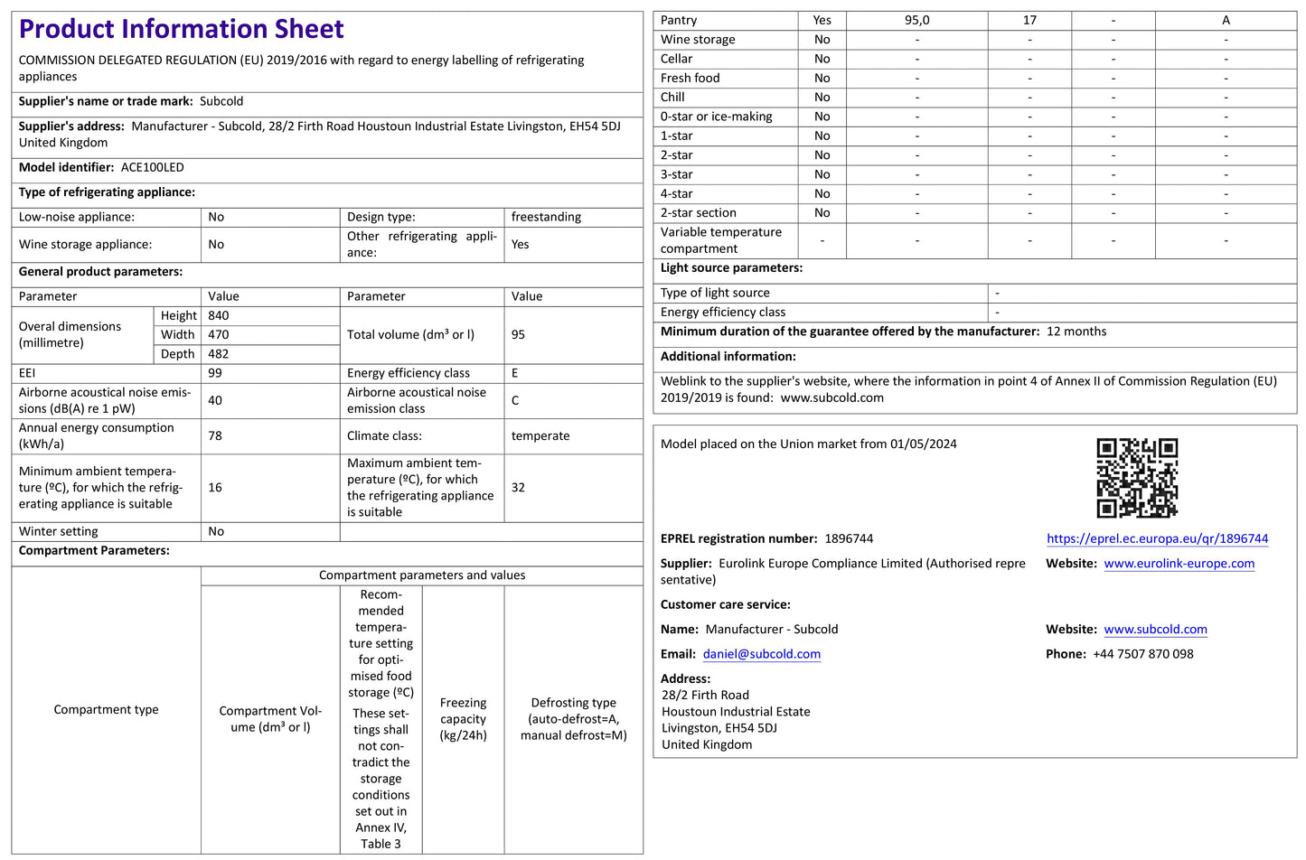Subcold Ace 100 LED Touch Control Beer Fridge - Black
