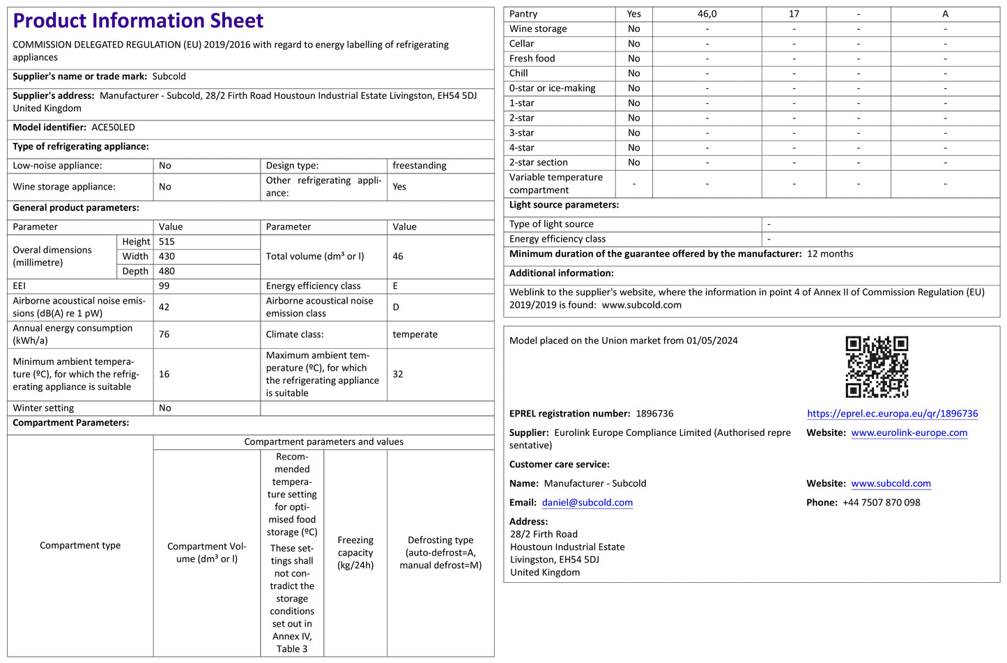 Subcold Ace 50 LED Touch Control Beer Fridge - Black