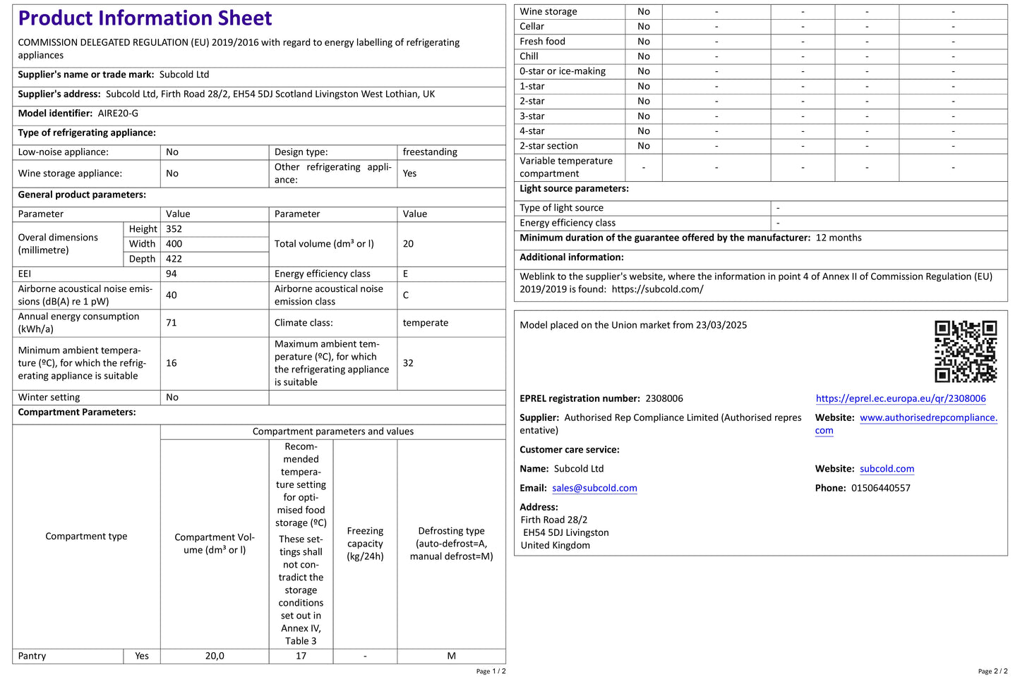 Subcold Aire20-G LED Mini Fridge - Black