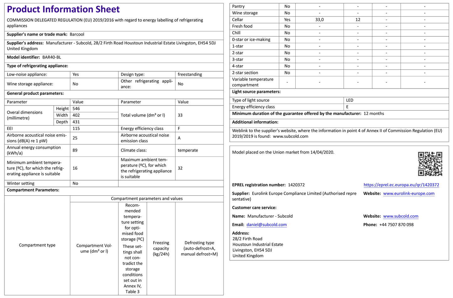 Barcool Bar40 LED - Mini Bar Fridge