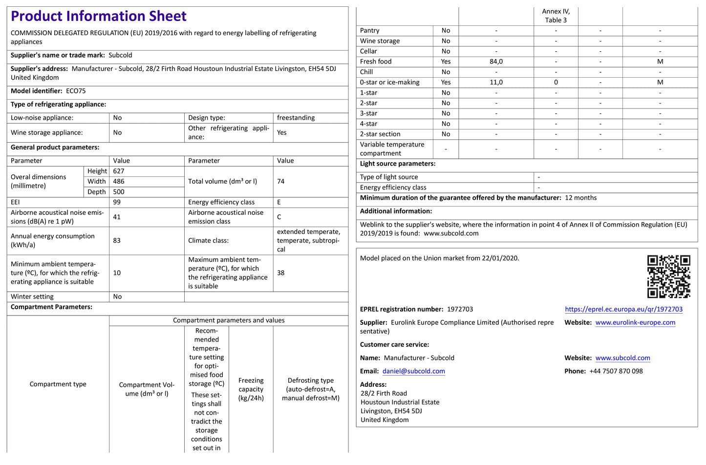 Subcold Eco75 Table Top Fridge - Black