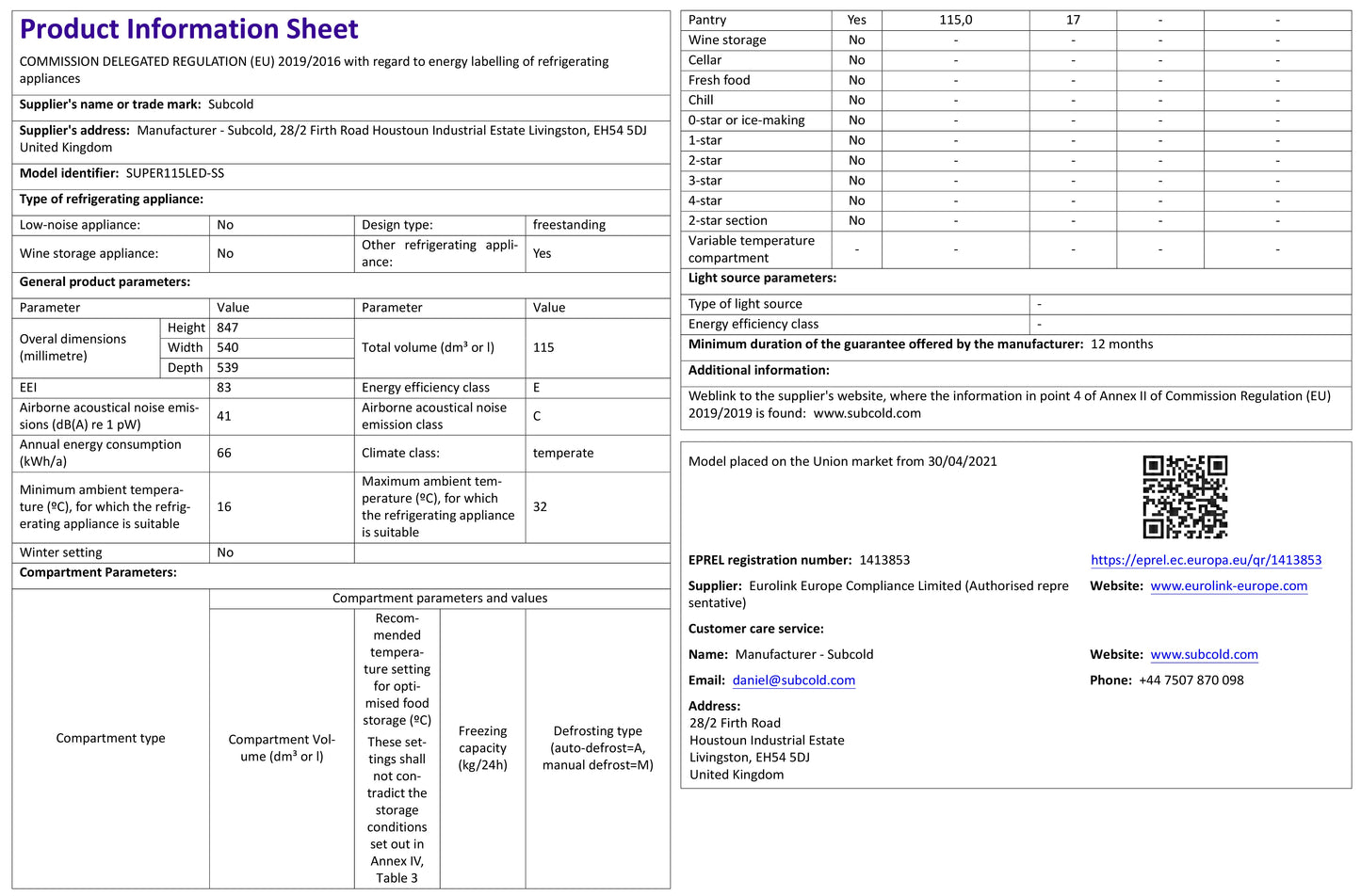 Subcold Super 115 LED Beer Fridge - Stainless Steel