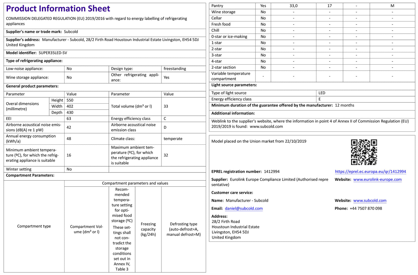 Subcold Super 35 LED Beer Fridge - Silver